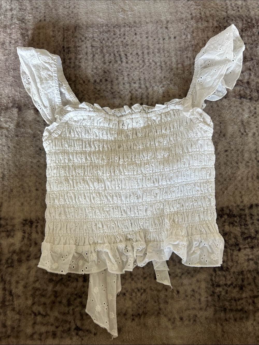 iris White Eyelet Smocked Ruffle Crop Top with Tie